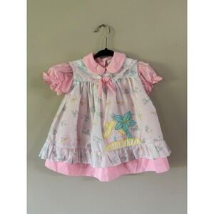 Vintage Mayfair Pink Tropical Beach House Embroidered Baby Girl Dress 18 Months